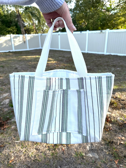 White and Green Stripe Canvas Mini Tote